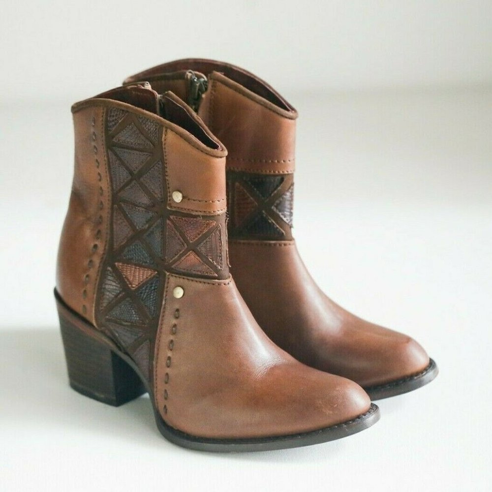 Cuadra Brown Leather Patchwork Detail Booties - image 1